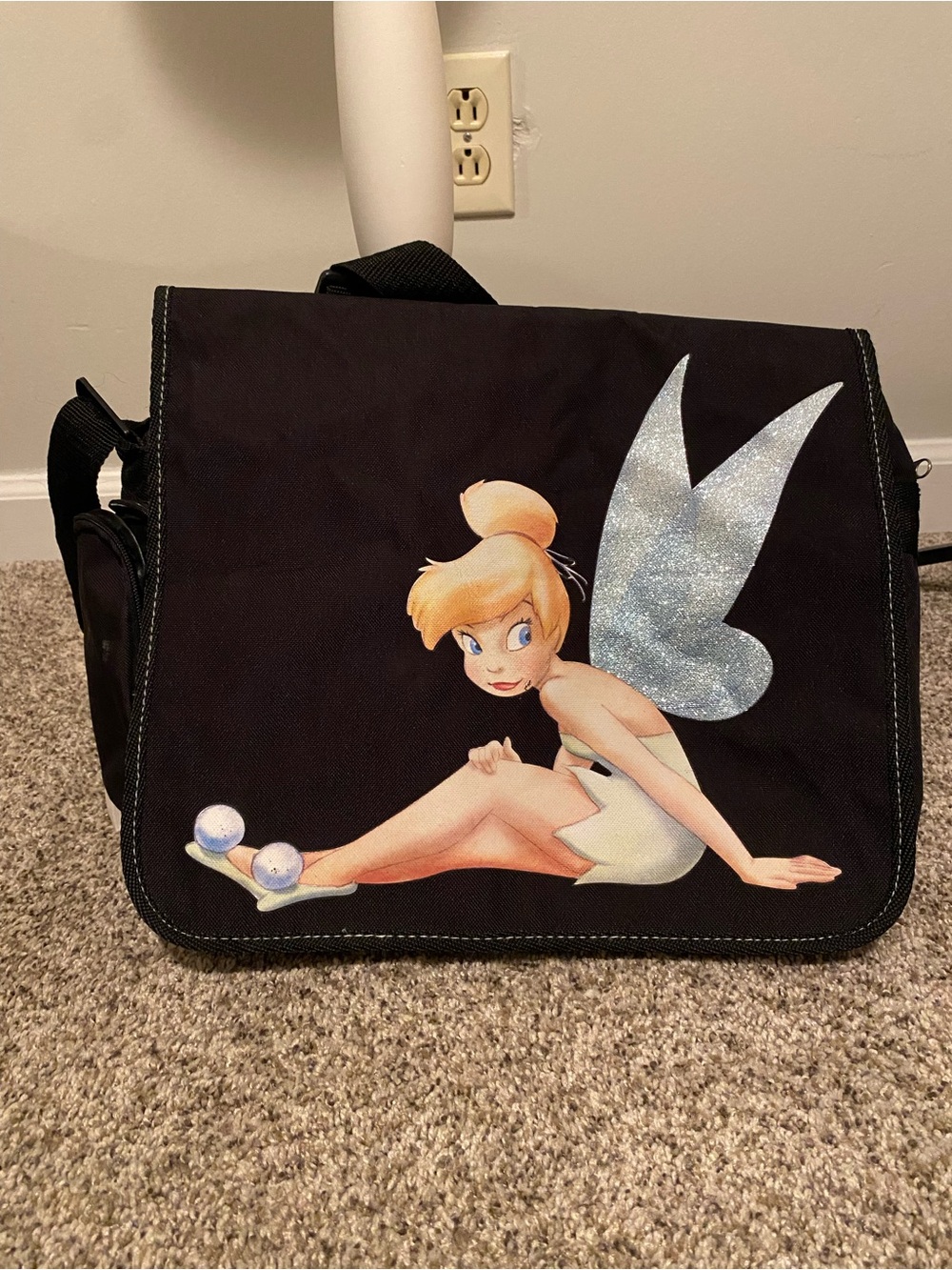Tinker Bell Black Canvas Messenger Bag with Glitter Wings Fair Condition